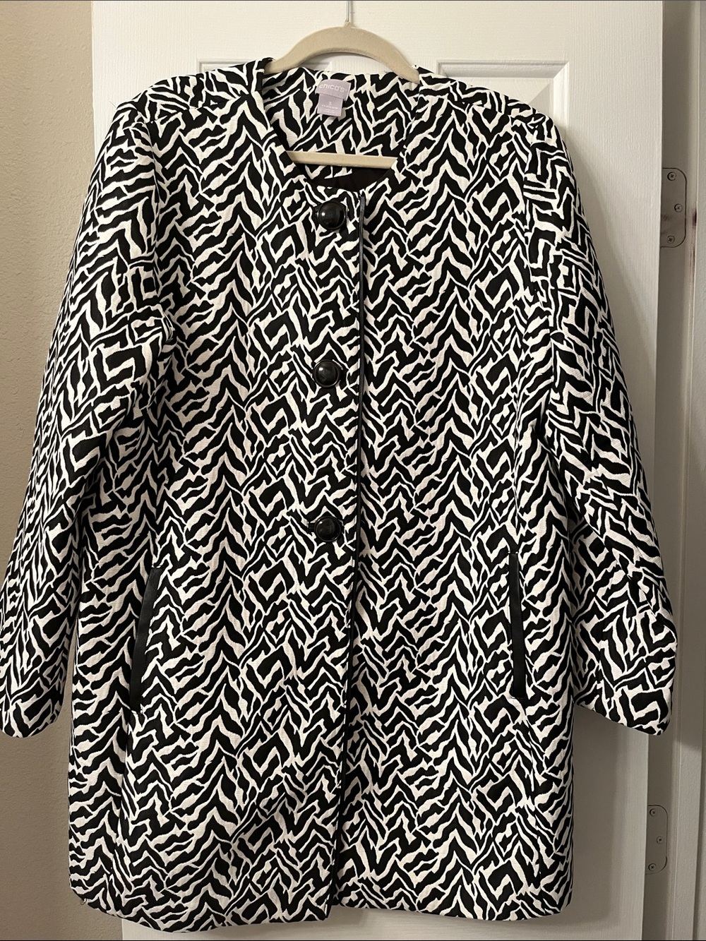 Chico's Black and White Patterned Pea Coat
